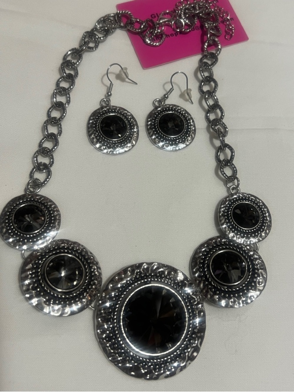 Statement Silver-Tone Necklace and Earring Set with Black Stones